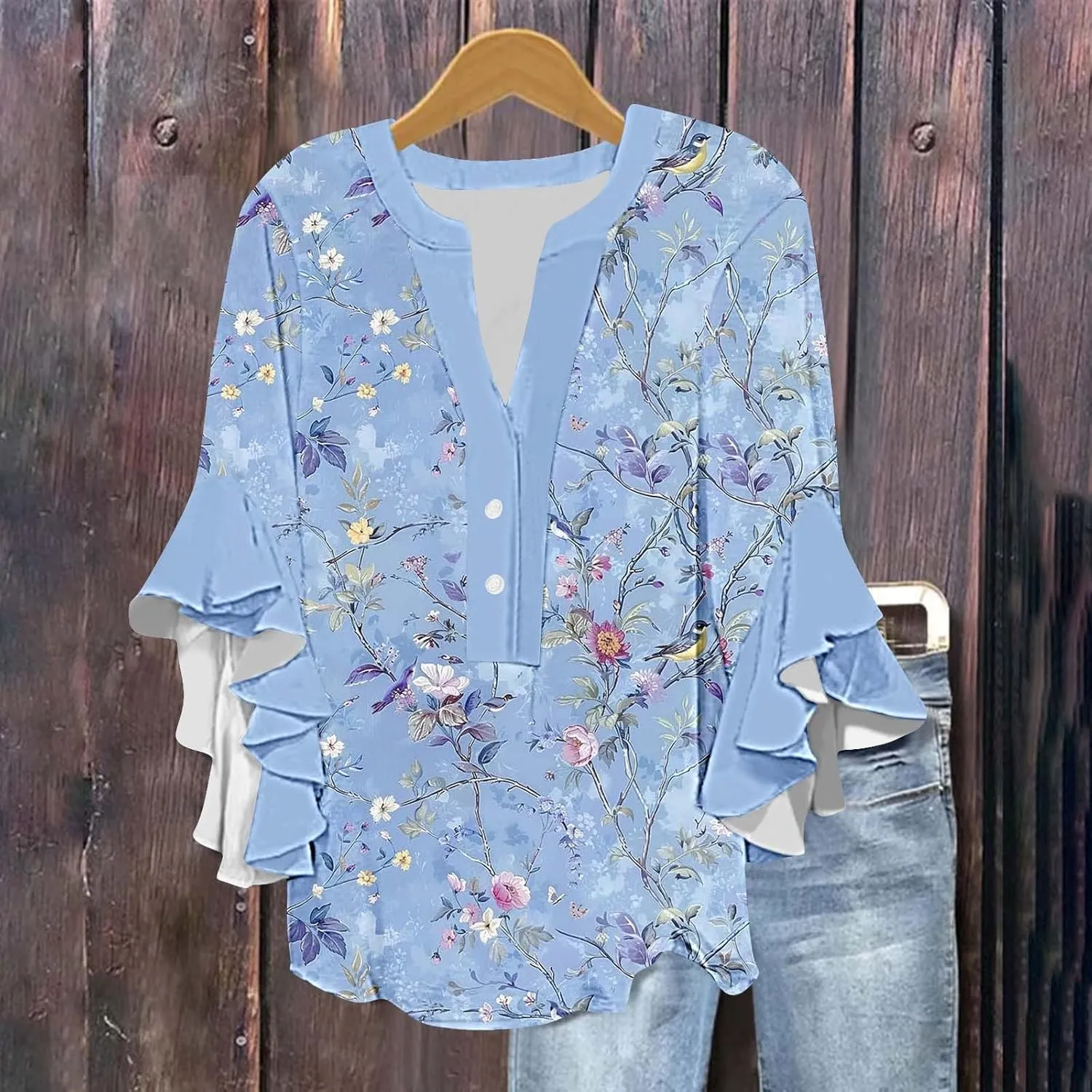 Womens Summer Floral Blouse Dressy Casual Ruffle 3/4 Sleeve Tops Trendy Button V Neck Boho Shirts Business Work Tunic