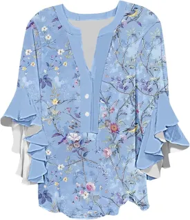 Womens Summer Floral Blouse Dressy Casual Ruffle 3/4 Sleeve Tops Trendy Button V Neck Boho Shirts Business Work Tunic