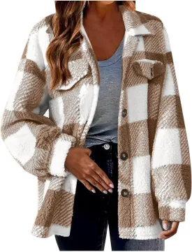 Womens Winter Coats Casual Fuzzy Fleece Shirt Open Front Fall Sherpa Jackets Warm Plaid Cardigans Trendy Outerwear